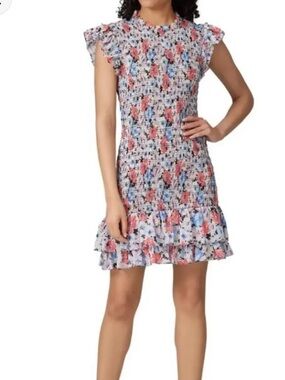 Veronica Beard Cici Floral Smocked Dress in Coral, Blue & Black